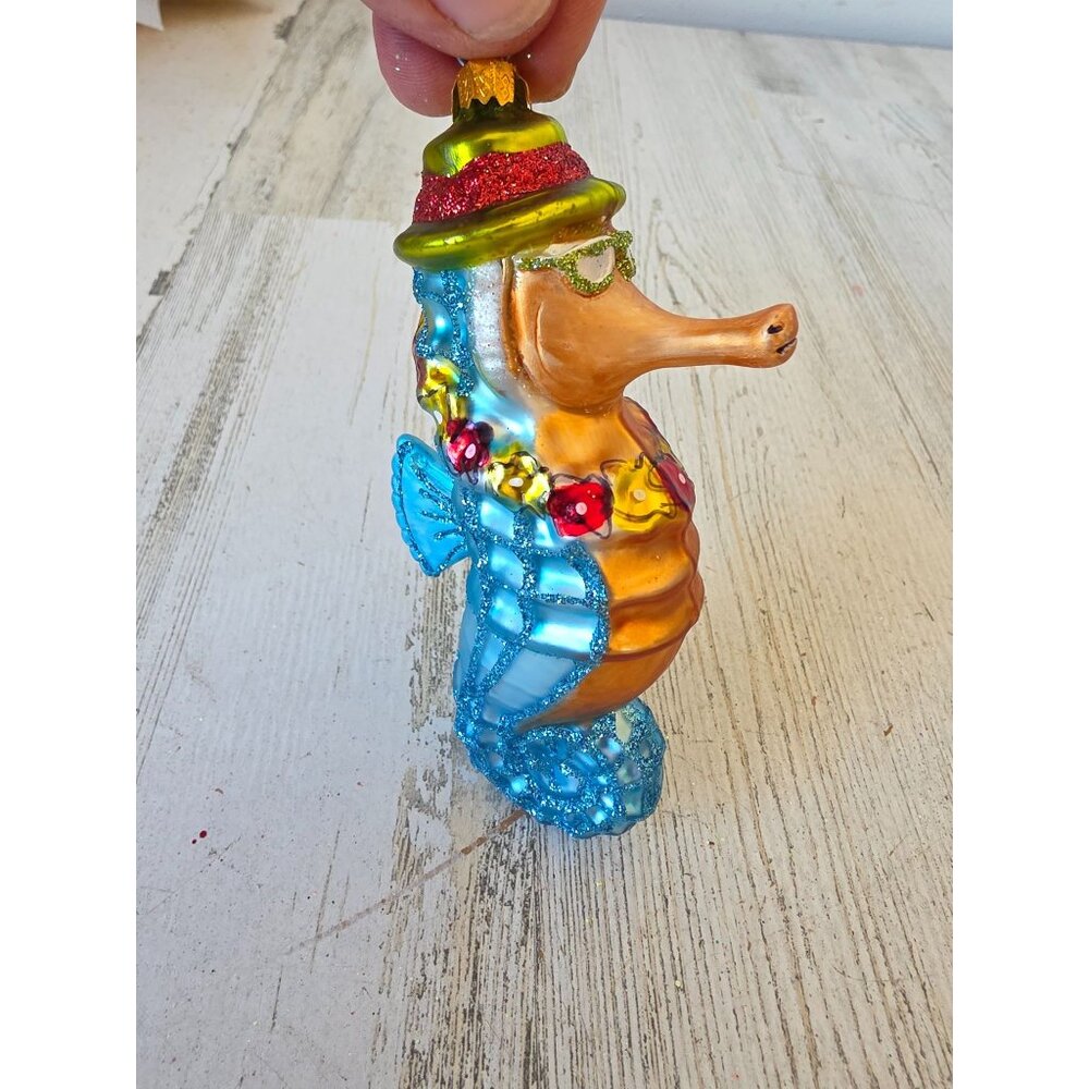 Blue glitter seahorse‎ Hawaiian glass ornament Xmas tree